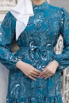 Desenli Tesettür Jessica Elbise B587 Petrol