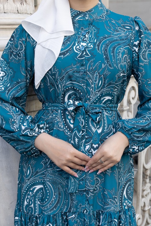 Desenli Tesettür Jessica Elbise B587 Petrol