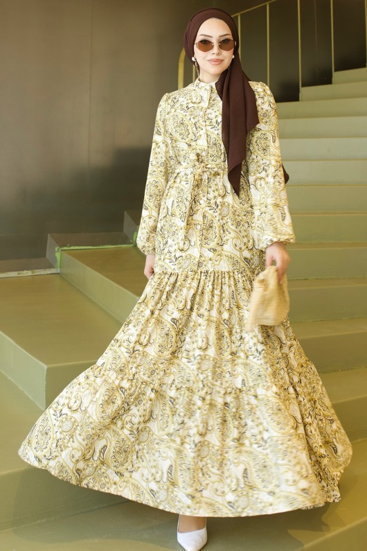 Desenli Tesettür Jessica Elbise B587 Yağ Yeşili