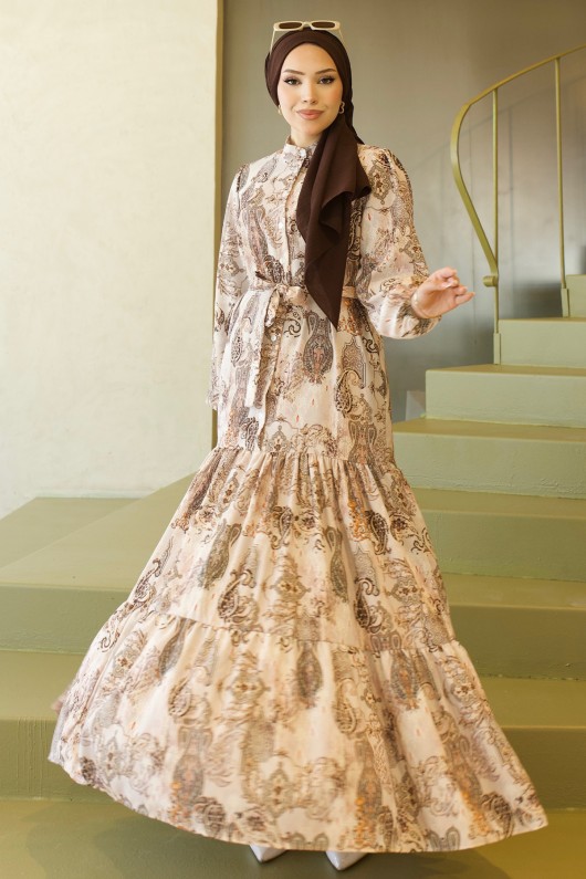 Desenli Tesettür Jessica Elbise B588 Krem