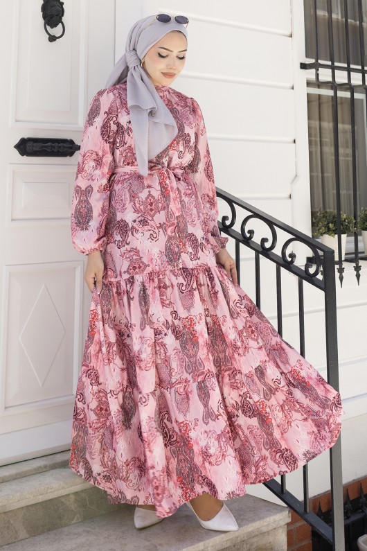 Desenli Tesettür Jessica Elbise B588 Pembe