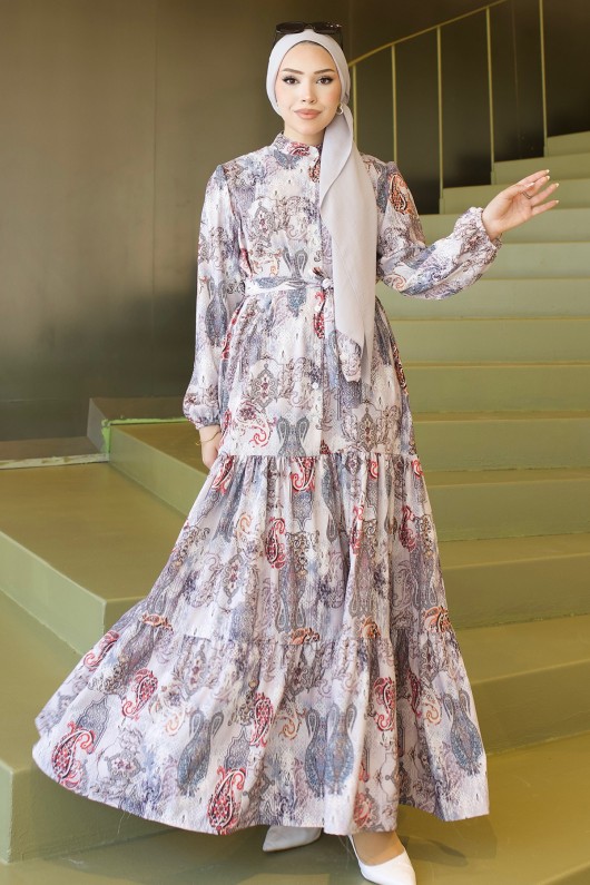 Desenli Tesettür Jessica Elbise B588 Taş Rengi