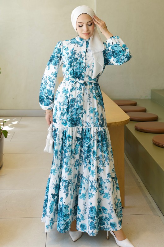 Desenli Tesettür  Jessica Elbise B589 Turkuaz