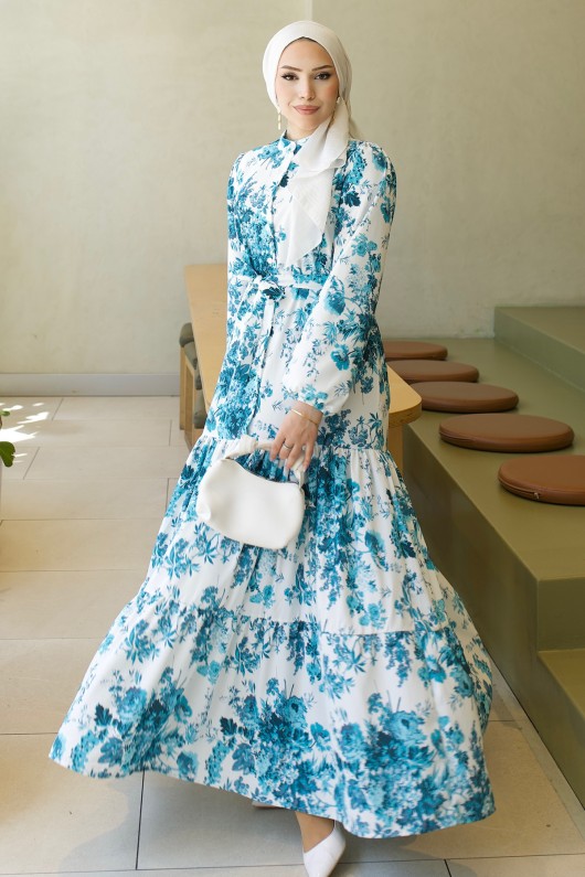 Desenli Tesettür  Jessica Elbise B589 Turkuaz