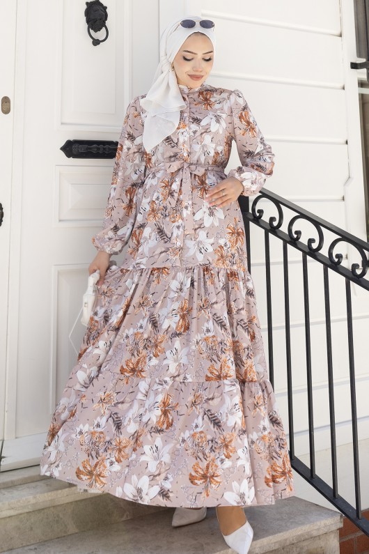 Desenli Tesettür  Jessica Elbise B590 Bej