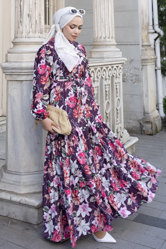Desenli Tesettür  Jessica Elbise B590 Mor
