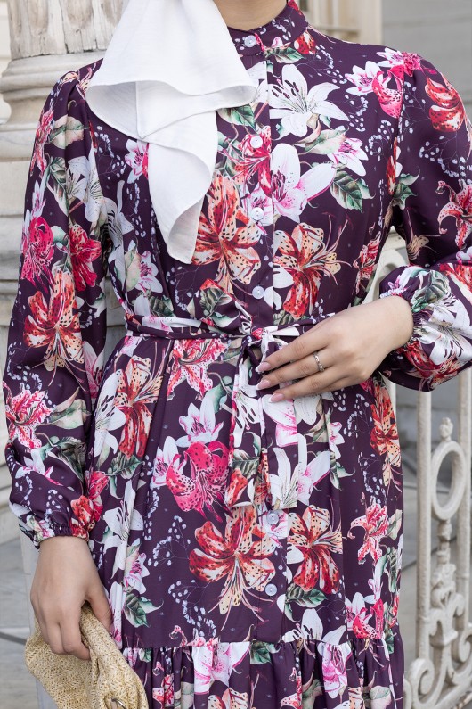 Desenli Tesettür  Jessica Elbise B590 Mor