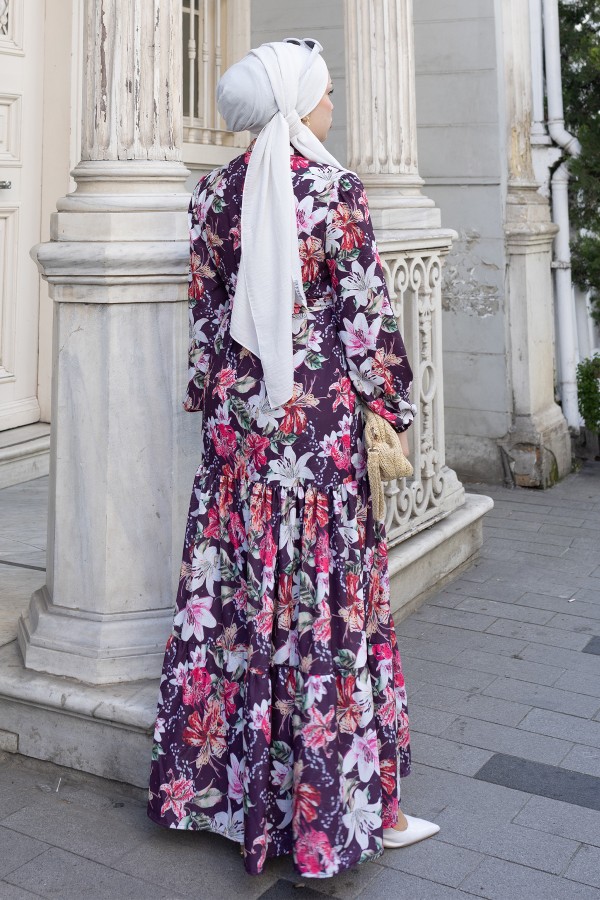 Desenli Tesettür  Jessica Elbise B590 Mor