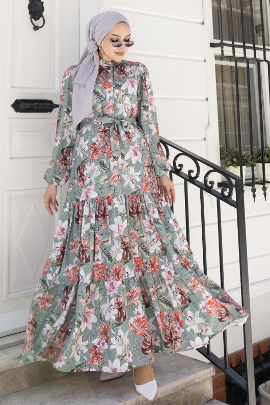 Desenli Tesettür  Jessica Elbise B590 Yeşil