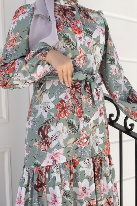 Desenli Tesettür  Jessica Elbise B590 Yeşil