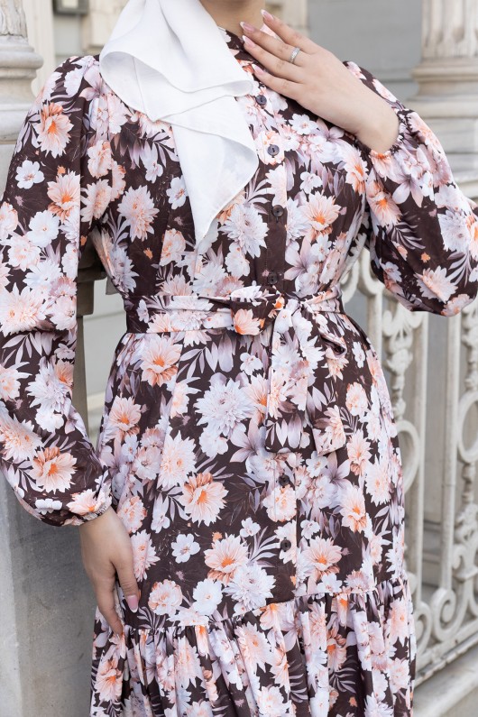 Desenli Tesettür  Jessica Elbise B591 Kahverengi