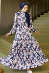 Desenli Tesettür  Jessica Elbise B591 Lacivert
