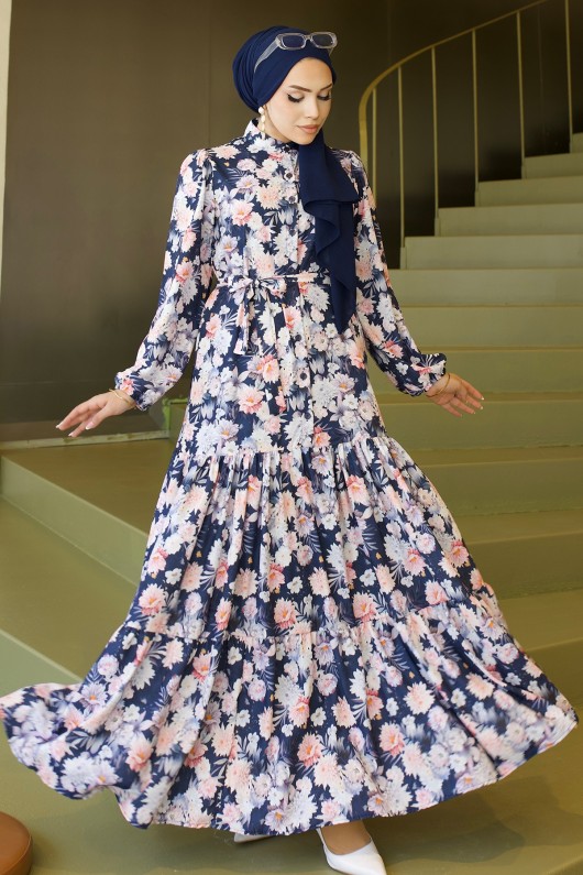 Desenli Tesettür  Jessica Elbise B591 Lacivert