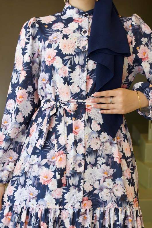 Desenli Tesettür  Jessica Elbise B591 Lacivert