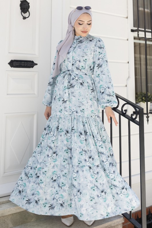 Desenli Tesettür  Jessica Elbise B591 Mint Yeşili