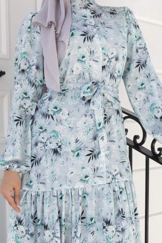 Desenli Tesettür  Jessica Elbise B591 Mint Yeşili