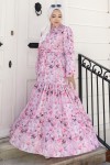 Desenli Tesettür  Jessica Elbise B591 Pudra