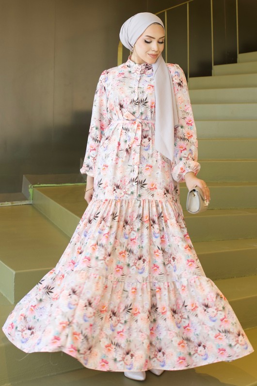 Desenli Tesettür  Jessica Elbise B591 Taş Rengi