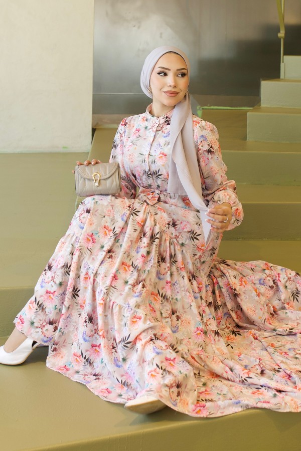 Desenli Tesettür Jessica Elbise B591 Taş Rengi Desenli Tesettür Jessica Elbise B591 Taş Rengi