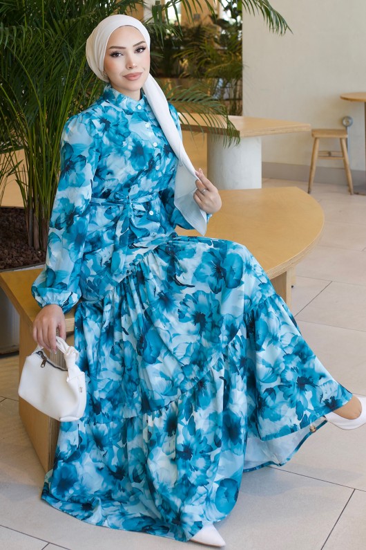 Desenli Tesettür  Jessica Elbise B592 Turkuaz