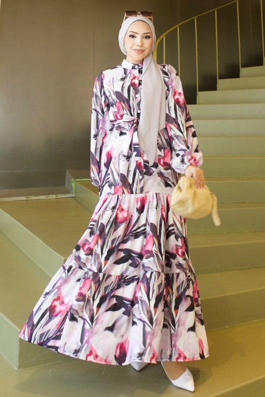 Desenli Tesettür  Jessica Elbise B593 Fuşya