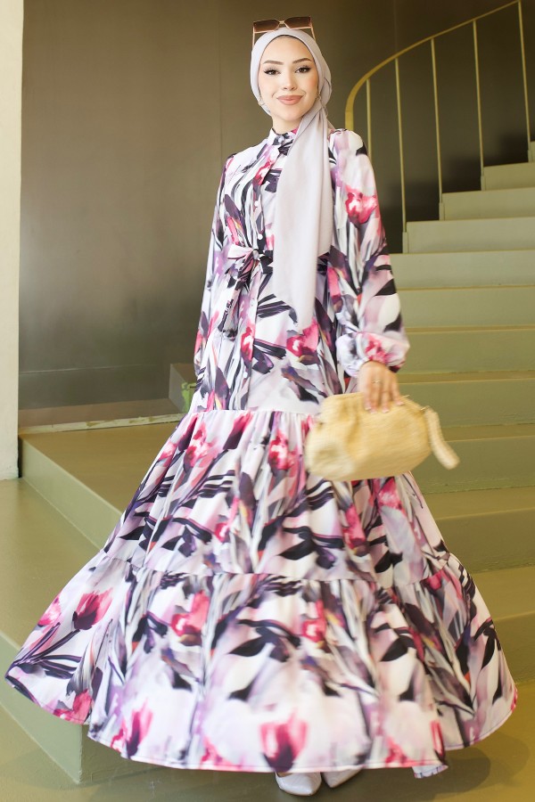 Desenli Tesettür  Jessica Elbise B593 Fuşya