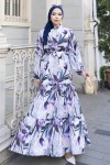Desenli Tesettür  Jessica Elbise B593 Mor