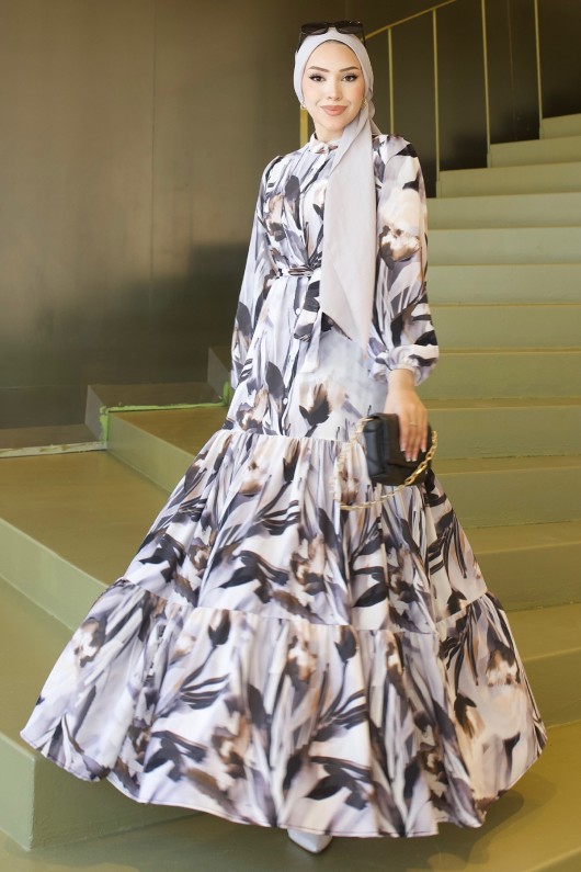 Desenli Tesettür  Jessica Elbise B593 Siyah