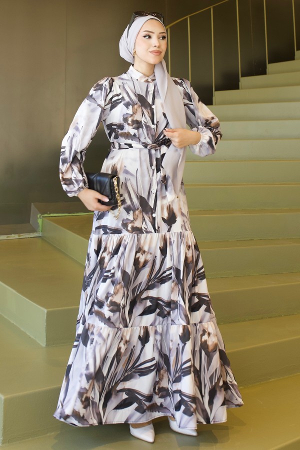 Desenli Tesettür  Jessica Elbise B593 Siyah
