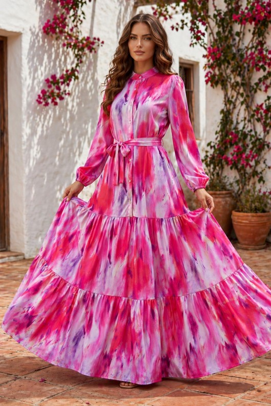 Desenli Tesettür  Jessica Elbise B594 Fuşya