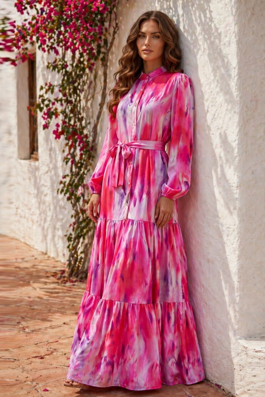 Desenli Tesettür  Jessica Elbise B594 Fuşya