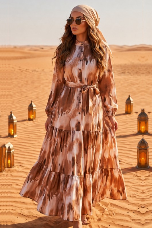 Desenli Tesettür  Jessica Elbise B594 Hardal