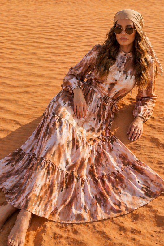 Desenli Tesettür  Jessica Elbise B594 Hardal