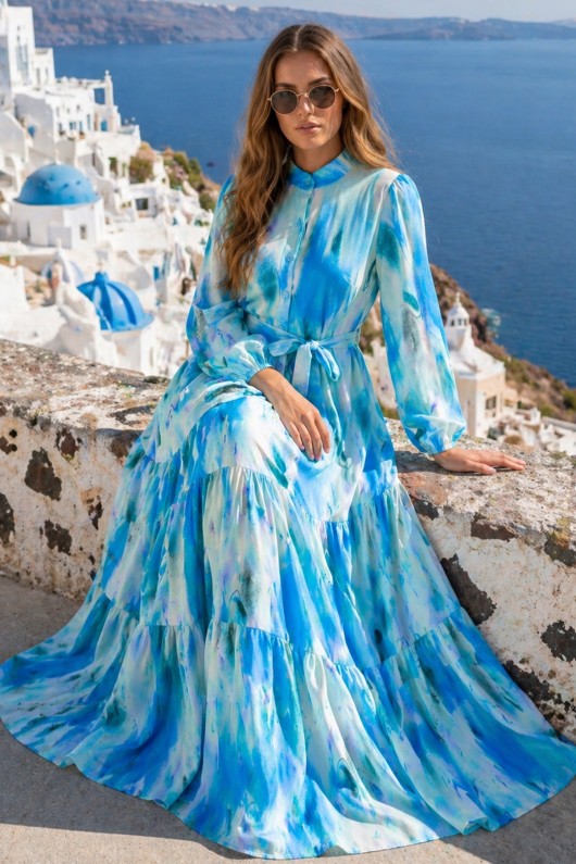 Desenli Tesettür  Jessica Elbise B594 Mavi