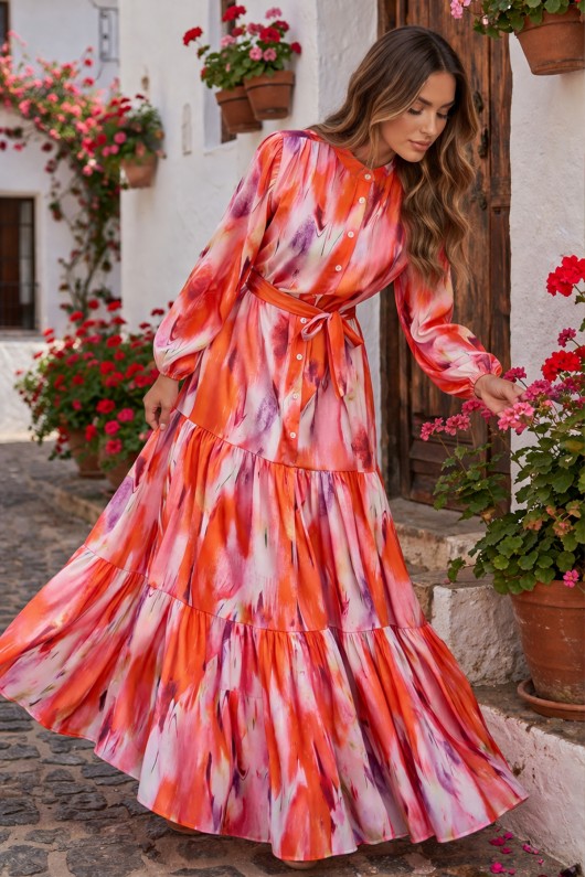 Desenli Tesettür  Jessica Elbise B594 Oranj