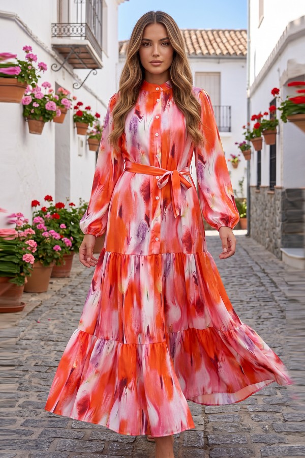 Desenli Tesettür  Jessica Elbise B594 Oranj