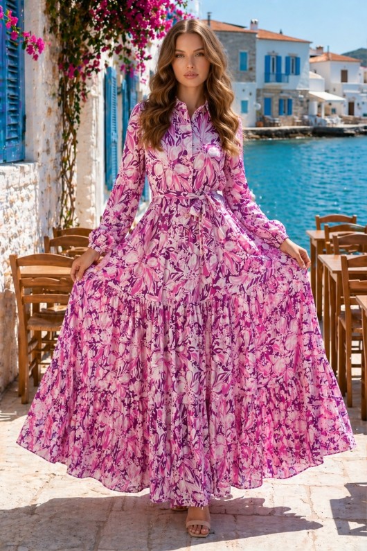 Desenli Tesettür  Jessica Elbise B595 Pembe