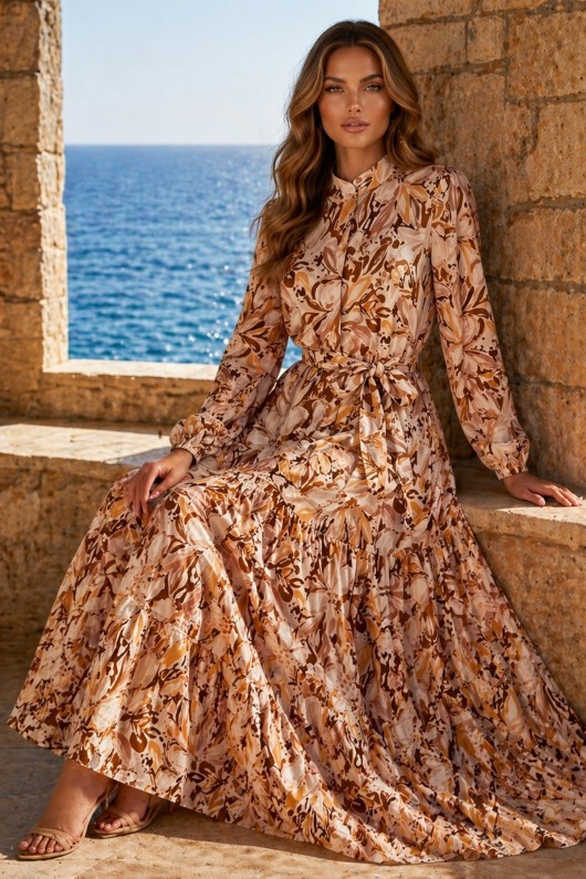 Desenli Tesettür  Jessica Elbise B595 Taba