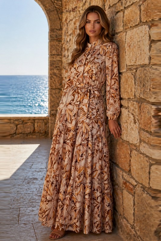 Desenli Tesettür  Jessica Elbise B595 Taba