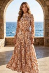 Desenli Tesettür  Jessica Elbise B595 Taba