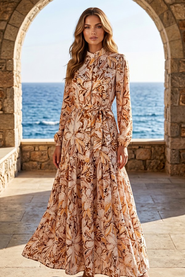 Desenli Tesettür  Jessica Elbise B595 Taba