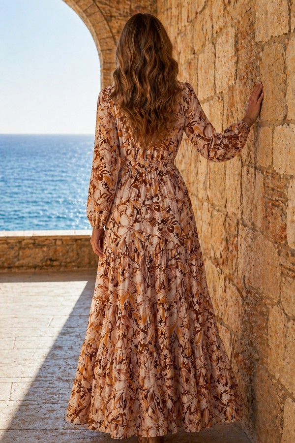 Desenli Tesettür  Jessica Elbise B595 Taba