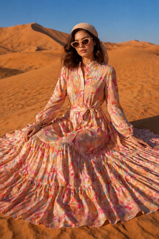 Desenli Tesettür  Jessica Elbise B596 Bej