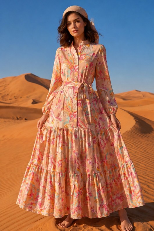 Desenli Tesettür  Jessica Elbise B596 Bej