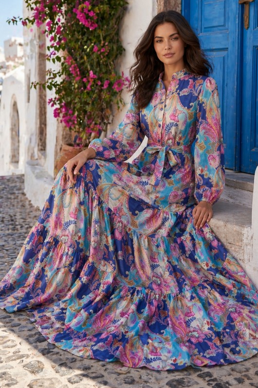 Desenli Tesettür  Jessica Elbise B596 Turkuaz