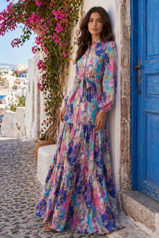 Desenli Tesettür  Jessica Elbise B596 Turkuaz