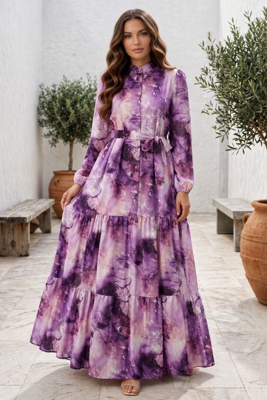 Desenli Tesettür  Jessica Elbise B597 Mor