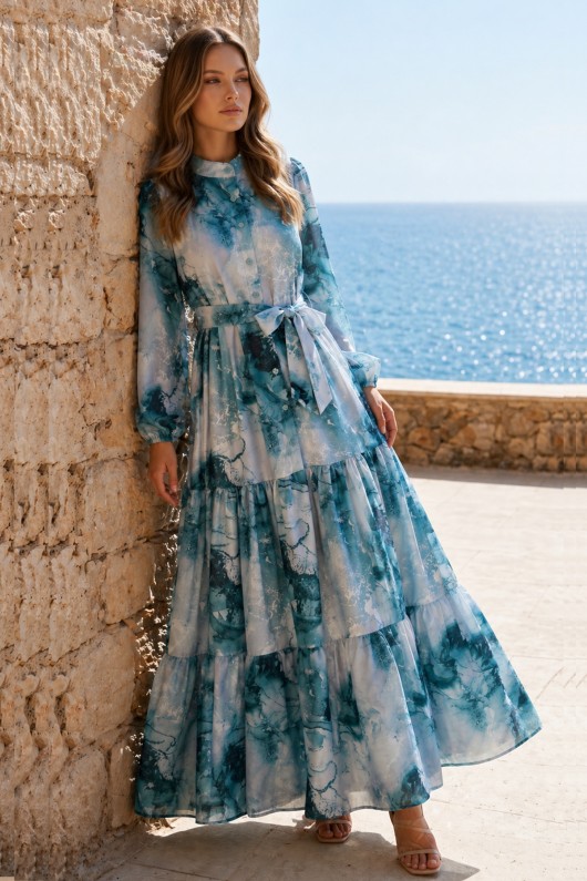 Desenli Tesettür  Jessica Elbise B597 Petrol