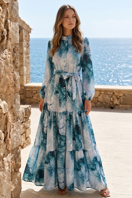 Desenli Tesettür  Jessica Elbise B597 Petrol