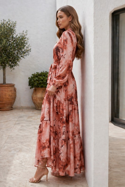 Desenli Tesettür  Jessica Elbise B597 Taba